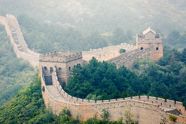 Великая китайская стена, лес, деревья, туман, Китай, Великая китайская стена, Великая китайская стена, HD обои