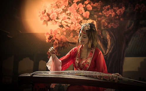 Vestito rosso ragazza, asiatico, musica, guzheng, rosso, vestito, ragazza, asiatico, musica, guzheng, Sfondo HD HD wallpaper