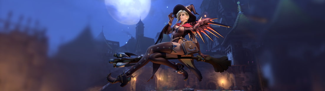 Witch Mercy, Mercy (Overwatch), Overwatch, Halloween, witch, thigh-highs, broom, witches broom, night, moonlight, Moon, torches, wings, multiple display, dual monitors, HD wallpaper HD wallpaper