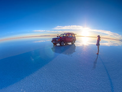 Uyuni Salt Lake, flicka, Toyota pickup, solnedgång, blå himmel, röd suv, Uyuni, Salt, Lake, Girl, Toyota, Pickup, Sunset, Blue, Sky, HD tapet HD wallpaper
