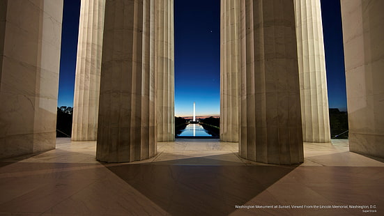نصب واشنطن التذكاري عند غروب الشمس ، يُنظر إليه من نصب لنكولن التذكاري ، واشنطن العاصمة ، المعالم، خلفية HD HD wallpaper