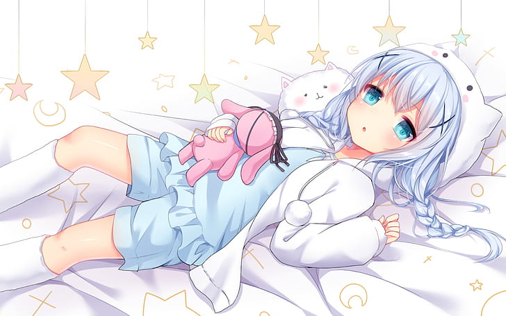 anime girls, lying down, bed, stars, teddy bears, pyjamas, loli, Kafuu Chino, HD wallpaper