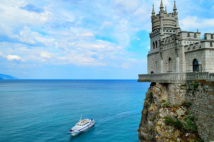 white boat and gray castle, Landscape, Crimea, Swallow's nest, HD wallpaper