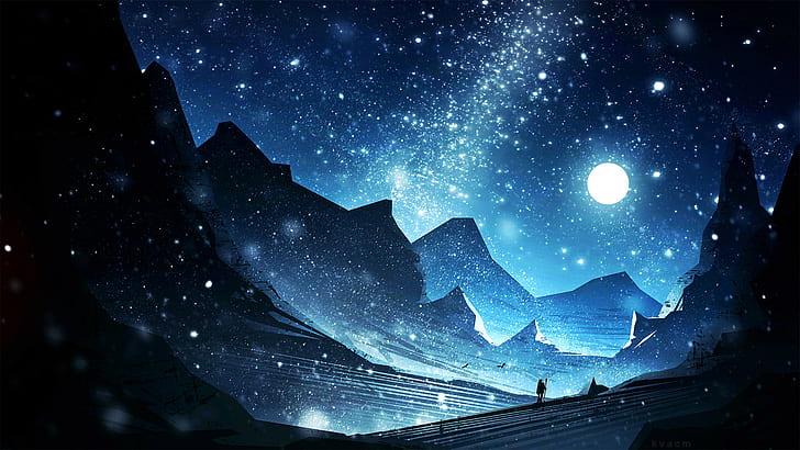 digital art, constellations, looking into the distance, mountains, HD wallpaper