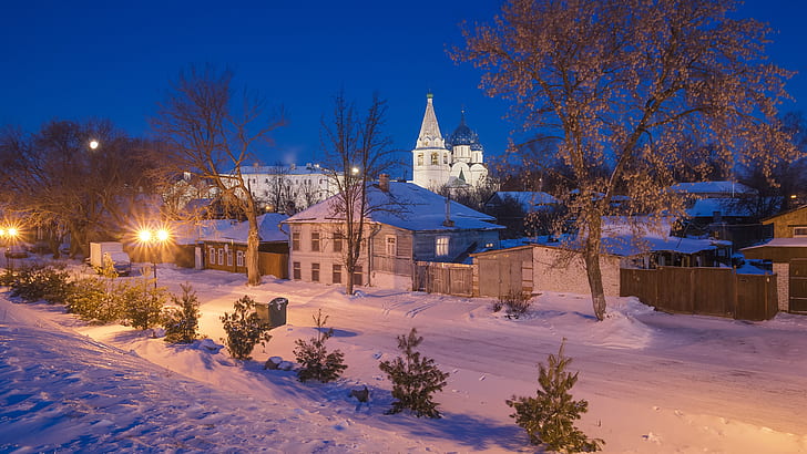 zima, śnieg, cerkiew, błękitne kopuły, kreml, sobór rozhdestvenskiy, sobór Narodzenia, suzdal, katedra, rosja, drzewo, Tapety HD