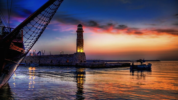 sky, tower, sea, sunset, lighthouse, evening, dusk, rethymno, calm, greece, europe, venetian harbor, water, HD wallpaper