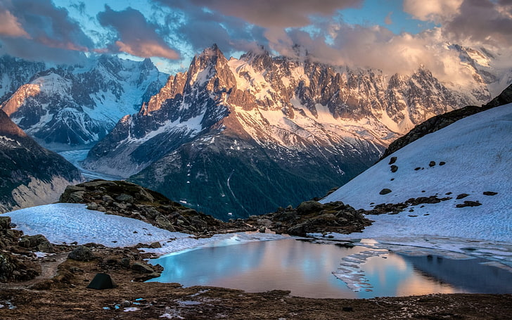 nature, landscape, mountains, Chamonix, France, pond, snow, clouds, HD wallpaper