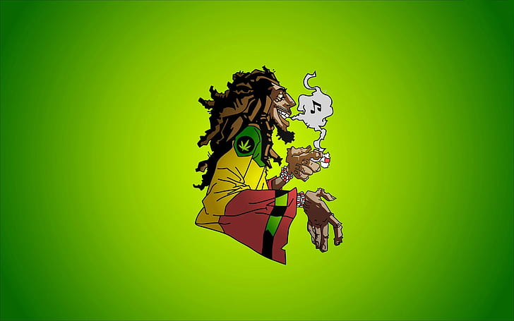 Bob Marley Karykatura, mężczyzna palący animowaną grafikę 2d, dym, marihuana, Tapety HD