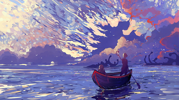 duas pessoas na pintura de barco, arte digital, trabalho artístico, céu, ilustração, DeviantArt, Hangmoon, barco, mar, arte de fantasia, HD papel de parede