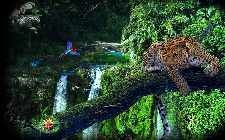 nature, animals, forest, waterfall, macaws, vignette, leopard (animal), artwork, HD wallpaper