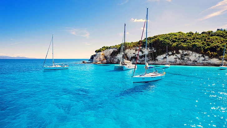 coast, paxos, greece, paxi island, tourism, boat, bay, lagoon, vacation, sea, sky, azure, ocean, tropical, paxi, water, sailboat, HD wallpaper