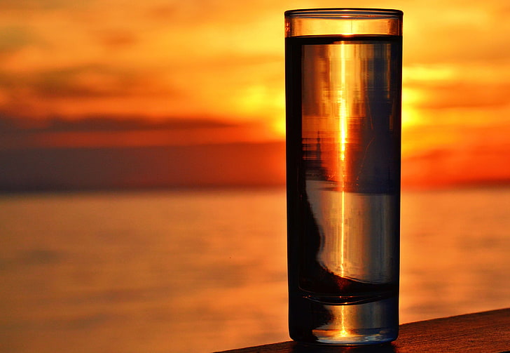beverage, color, dawn, drink, dusk, evening, glass by the sea, greece, outdoors, sea, seascape, silhouette, summer, sunlight, sunrise, sunset, table, water glass, HD wallpaper