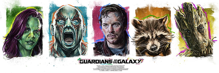 Ilustração dos Guardiões da Galáxia, Foguete, Senhor das Estrelas, Guardiões da Galáxia, Gamora, Groot, Drax, HD papel de parede