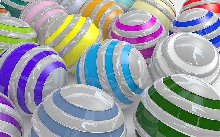 assorted-color plastic ball lot, balls, colors, stripes, HD wallpaper