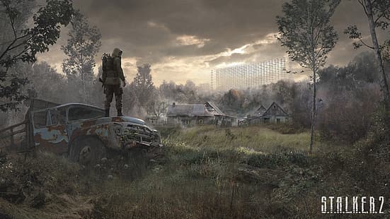 СТАЛКЕР.2, С.Т.А.Л.К.Э.Р., Чернобыль, противогазы, АК-74, АК 74, заброшенные, деревья, HD обои HD wallpaper