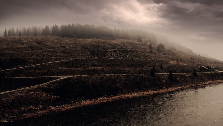 ฮิลล์ธรรมชาติท้องฟ้าเมฆตกมืดแม่น้ำทะเลสาบน้ำต้นไม้ป่าภูมิทัศน์, วอลล์เปเปอร์ HD