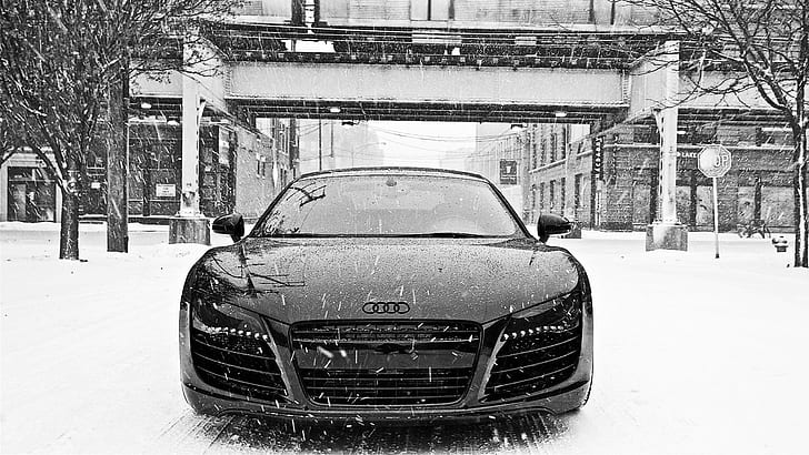 Черно-белый Audi R8 в снегу HD, audi r8, черно-белый, вид спереди, снег, зима, HD обои