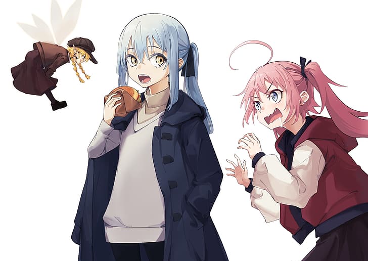 anime girls, slime, Rimuru Tempest, Milim Nava, Ramiris (Tensura), simple background, Tensei Shitara Slime Datta Ken, burgers, HD wallpaper