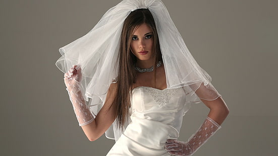 morena, vestido de noiva, noivas, modelo, mulheres, Markéta Stroblová, fundo simples, HD papel de parede HD wallpaper