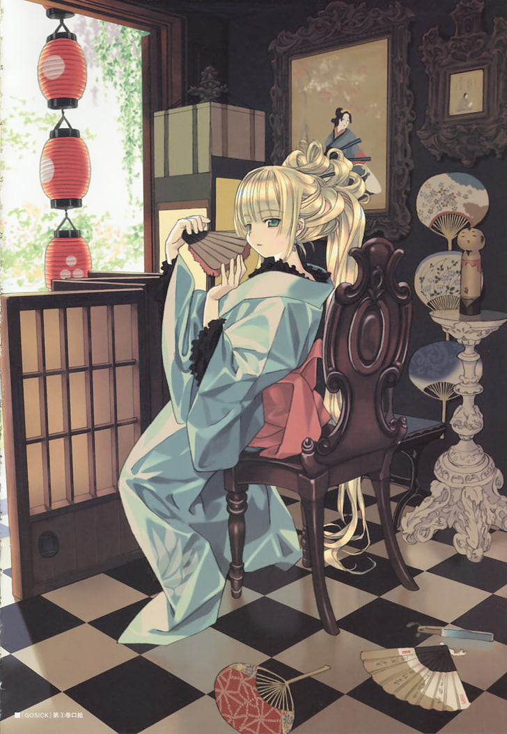 gelbhaarige weibliche Anime-Figur auf Stuhl sitzend, Gosick, Victorique de Blois, Anime-Mädchen, HD-Hintergrundbild, Handy-Hintergrundbild