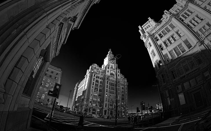 Buildings Fisheye BW Street HD, black and white photo of high rise building with fish eye effect, buildings, cityscape, bw, street, fisheye, HD wallpaper