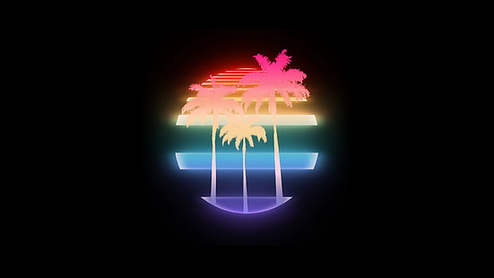 1980-an, seni digital, Grand Theft Auto Vice City, Miami Vice, minimalis, neon, New Retro Wave, Palm Trees, Gaya Retro, matahari terbenam, uap, VHS, video game, vintage, Wallpaper HD HD wallpaper