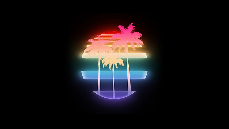 fond d'écran d'arbre multicolore, VHS, palmiers, années 1980, New Retro Wave, style rétro, vintage, coucher de soleil, vaporwave, néon, Grand Theft Auto Vice City, Miami Vice, art numérique, minimalisme, jeux vidéo, Fond d'écran HD