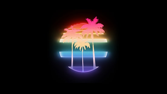 multicolored tree wallpaper, VHS, palm trees, 1980s, New Retro Wave, Retro style, vintage, sunset, vaporwave, neon, Grand Theft Auto Vice City, Miami Vice, digital art, minimalism, video games, HD wallpaper HD wallpaper