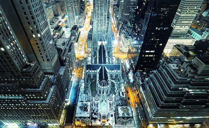 St Patrick's Cathedral New York HD Wallpaper, gray high rise building, City, United States/New York, lights, night, new york, cathedral, patrick, saint, HD wallpaper