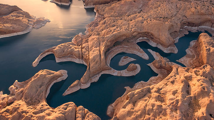 widok z lotu ptaka, zdjęcie z drona, przyroda, krajobraz, jezioro powell, Reflection Canyon, Utah, USA, rzeka, Tapety HD