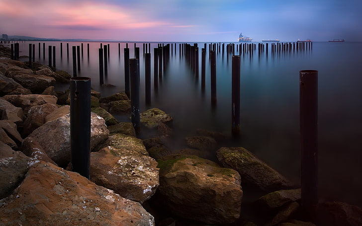 Cyprus, coastline, rock, pier, long exposure, landscape, HD wallpaper