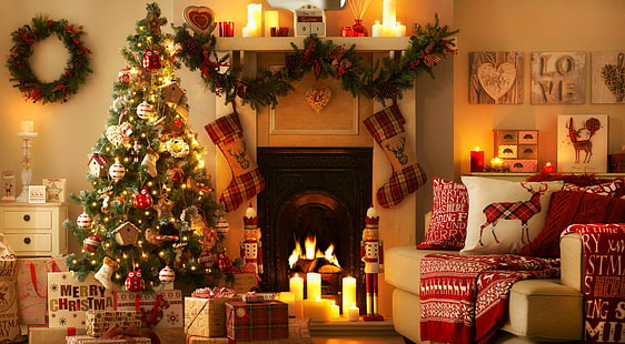休日、クリスマス、キャンドル、クリスマスライト、クリスマスの飾り、クリスマスツリー、装飾、暖炉、ギフト、ソファ、ストッキング、 HDデスクトップの壁紙 HD wallpaper