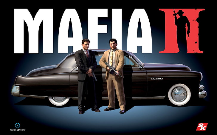 Мафия II, постер игры, мафия 2, автомобиль, пистолет, костюмы, HD обои