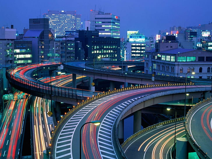 city, Japan, road, sky, night, interchange, long exposure, HD wallpaper