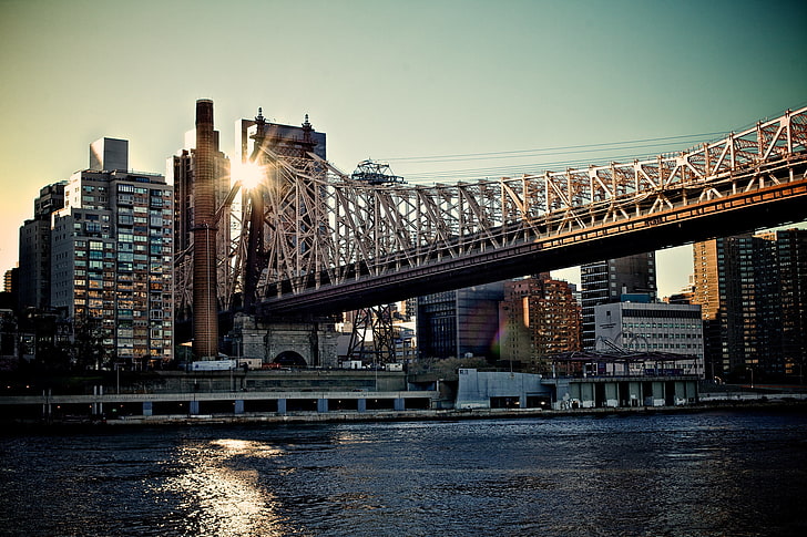 회색 콘크리트 다리, 다리, 도시, 아침, megapolis, 뉴욕, NYC, Queensboro bridge, USА, HD 배경 화면