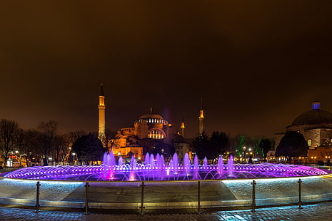 Moskéer, Hagia Sophia, fontän, Istanbul, moské, natt, Turkiet, HD tapet HD wallpaper