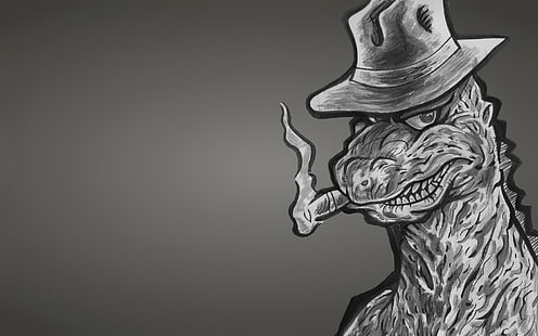 monstruo, dinosaurio, sombrero, cigarro, gángster, Godzilla, fondo oscuro, dinozaur, Fondo de pantalla HD HD wallpaper