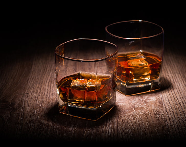two clear shots glasses, ice, glass, whiskey, a glass of whiskey, HD wallpaper