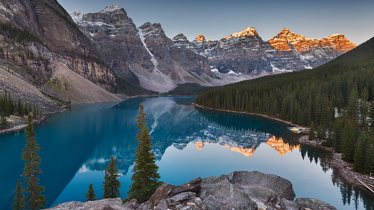 Mountain Lake, สีน้ำเงิน, แคนาดา, เทา, ลาเคลูอิส, ทะเลสาบ, ภูมิประเทศ, ภูเขา, ธรรมชาติ, การถ่ายภาพ, การสะท้อน, ท้องฟ้า, พระอาทิตย์ตก, น้ำ, วอลล์เปเปอร์ HD