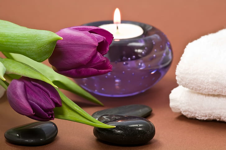 ? Shades of Purple Spa ?, stones, calm, flame, candle, light, purple, fresh, tulips, relax, HD wallpaper