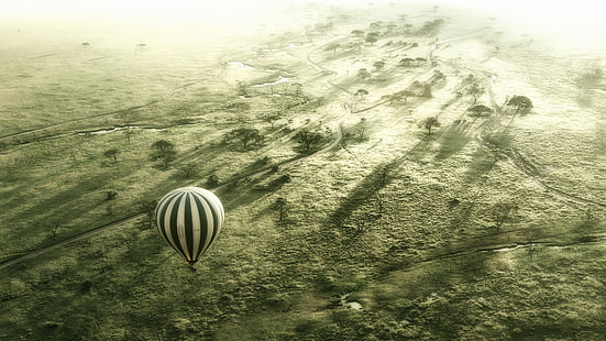 balon na ogrzane powietrze w biało-czarny pasek, Serengeti, Afryka, przyroda, krajobraz, balony na ogrzane powietrze, Tapety HD HD wallpaper