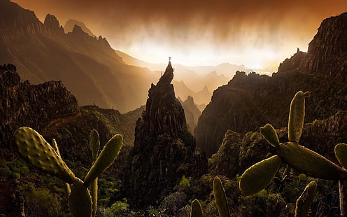 przyroda, krajobraz, góry, zachód słońca, mgła, Hiszpania, krzewy, wspinaczka skałkowa, Max Rive, Tapety HD HD wallpaper