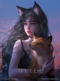 Nixeu, рисунка, жени, лисица, тъмна коса, гледа встрани, животни, лисица, вятър, небе, HD тапет HD wallpaper