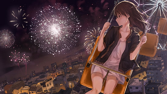 anime girls, anime, fireworks, night, white dress, sad, HD wallpaper HD wallpaper