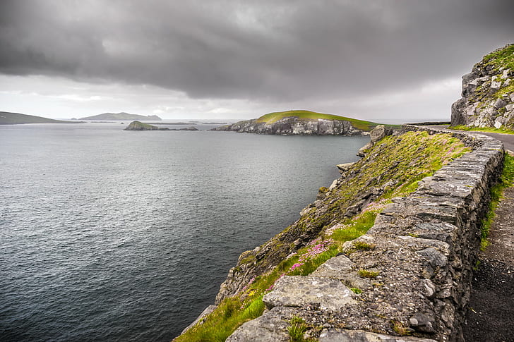 gray concrete stones, ireland, europe, ireland, europe, Dingle bay, Ireland, Europe, gray, concrete, clouds, dark, dunquin, geotagged, grass, landscape, mountains, photo, photography, rocks, sea, sky, sony a7, travel, weather, Kerry, nature, mountain, rock - Object, scenics, outdoors, fjord, HD wallpaper