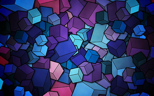 абстрактно, куб, циан, лилаво, синьо, дигитално изкуство, HD тапет HD wallpaper