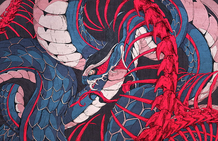 синий и красный змея картинки, Чун Ло, произведения искусства, цифровое искусство, 2D, змея, скелет, фэнтези арт, существо, HD обои