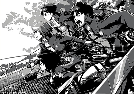 Аниме, Attack On Titan, Armin Arlert, Eren Yeager, Levi Ackerman, Mikasa Ackerman, Shingeki No Kyojin, HD тапет HD wallpaper