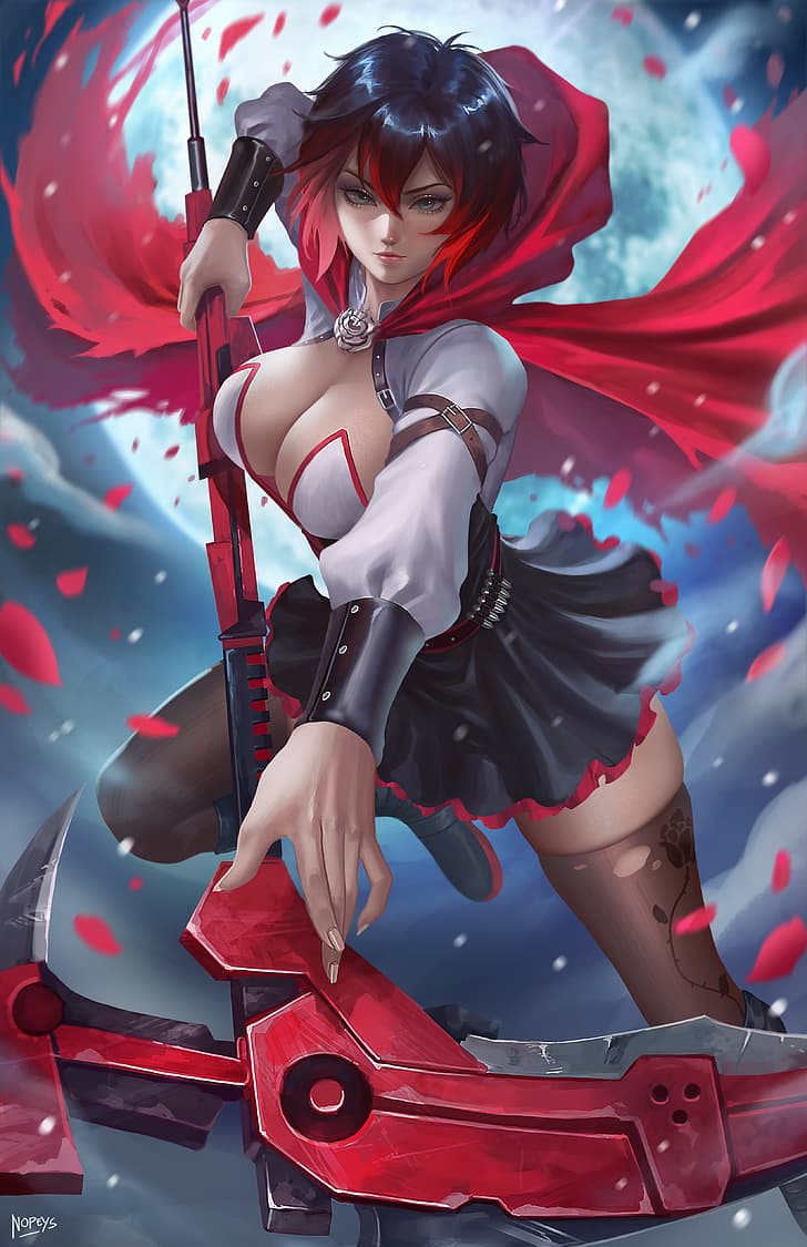 Ruby Rose (RWBY), RWBY, anime, anime girls, fantasy girl, weapon, moonlight, cape, cleavage, dress, stockings, looking at viewer, freckles, 2D, artwork, drawing, illustration, fan art, Nopeys, HD wallpaper