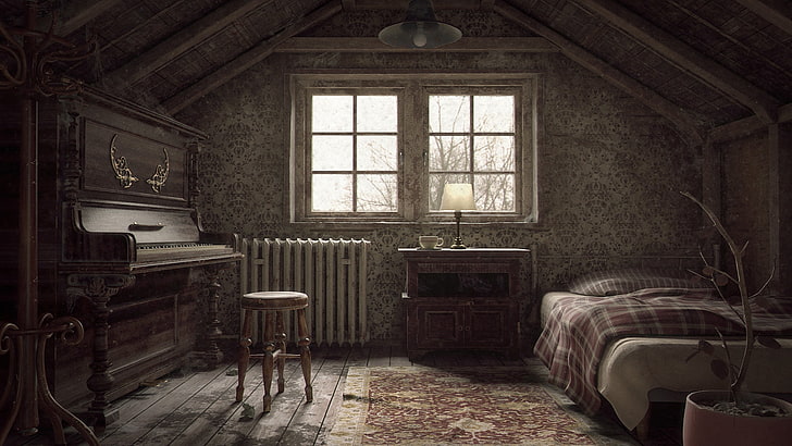 アート、ピアノ、屋根裏部屋、ヴィタリー・コシェヴィー、放棄された屋根裏部屋、 HDデスクトップの壁紙